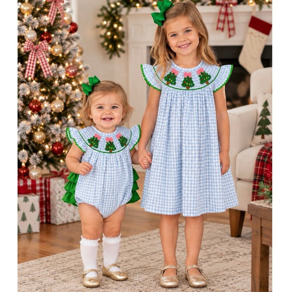 Abby & Evie Girls Christmas Tree Smocked Gingham Sister Set Dress 5 Baby 9M